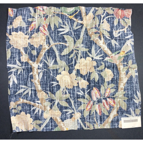 Lee Jofa Fabric CEYLON Indigo Blue Linen Birds Floral New Remnant Navy Tan - Picture 6 of 7